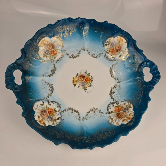 Other - Antique German Porcelain Bowl Teal Blue Ombre Roses Gold Scrollwork Crown Mark